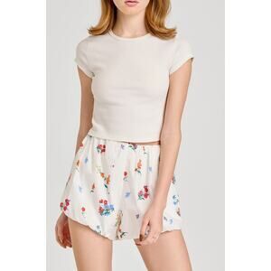 WAYF Sage Floral Stretch Cotton Bubble Shorts, Ivory Blossom, Size Large, NWT